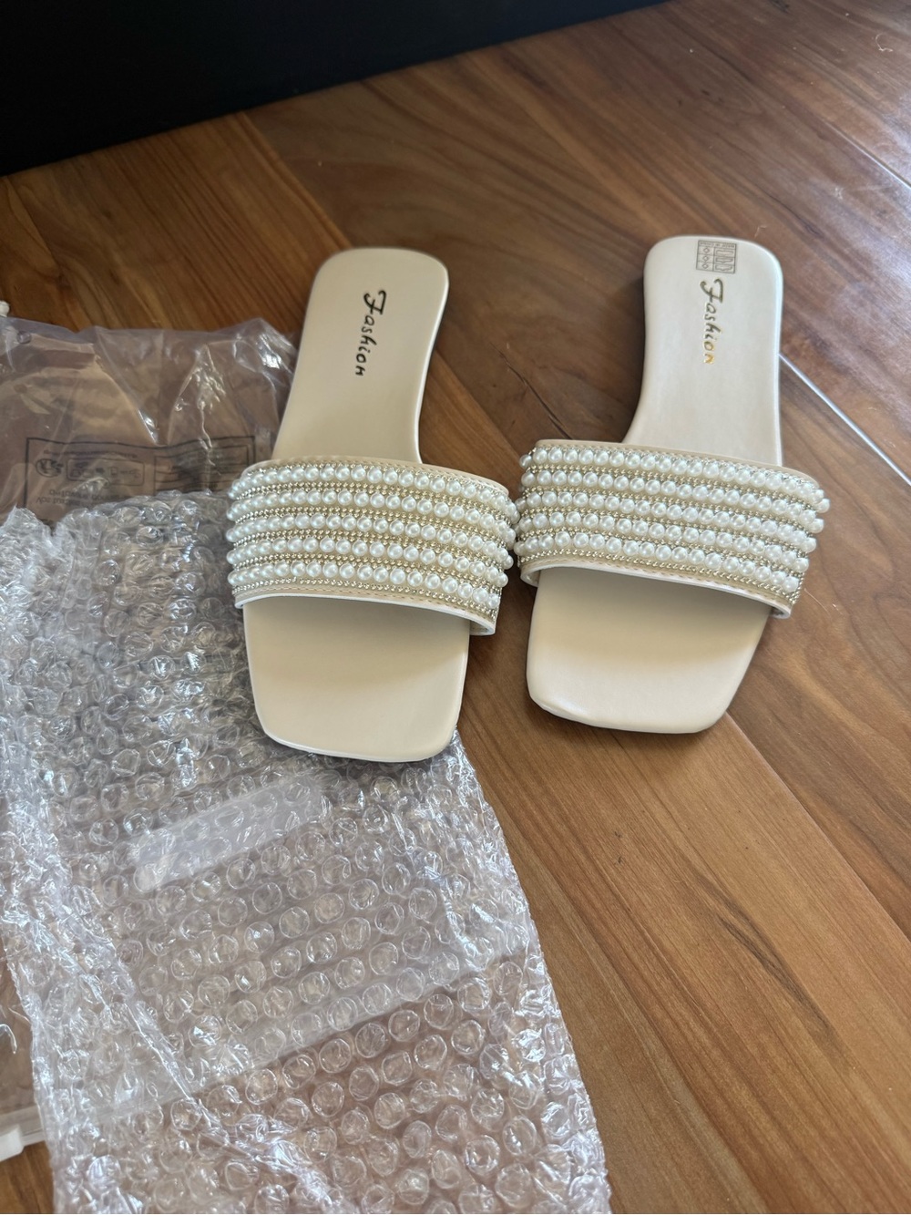 Pearl-Embellished Cream Slide Sandals